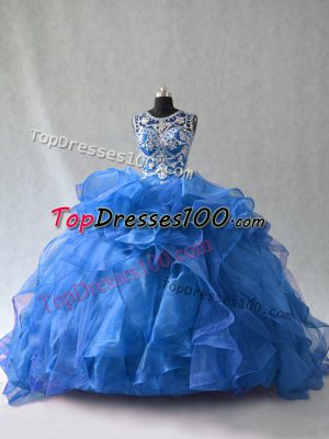 Fashion Blue Ball Gowns Beading and Ruffles 15th Birthday Dress Lace Up Organza Sleeveless Floor Length