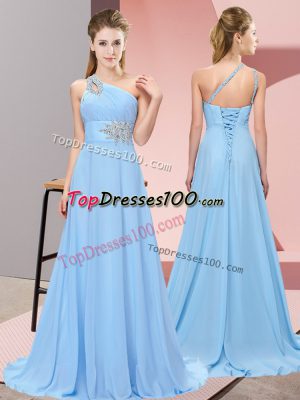 Blue Lace Up One Shoulder Beading Chiffon Sleeveless Brush Train