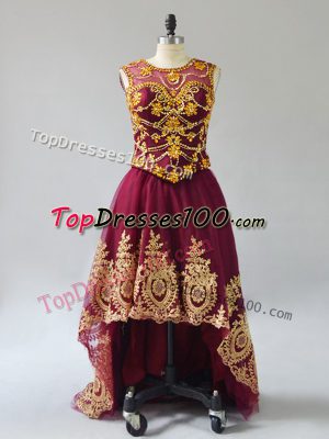 Custom Made Tulle Scoop Sleeveless Lace Up Beading and Appliques Evening Dress in Burgundy