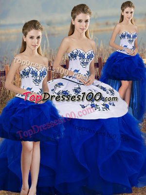 Sleeveless Tulle Floor Length Lace Up Ball Gown Prom Dress in Royal Blue with Embroidery and Ruffles and Bowknot