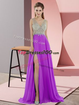 New Style V-neck Sleeveless Chiffon Prom Party Dress Beading Sweep Train Zipper