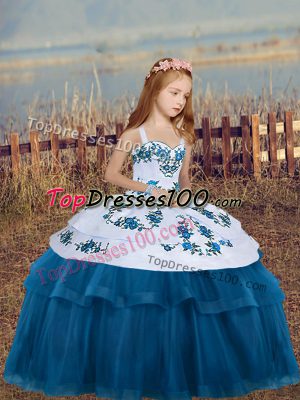 Floor Length Blue Pageant Dress Wholesale Straps Sleeveless Lace Up