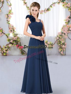Decent Navy Blue Chiffon Lace Up Bridesmaid Dresses Sleeveless Floor Length Hand Made Flower