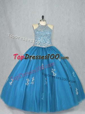 Dynamic Halter Top Sleeveless Tulle Quince Ball Gowns Beading and Appliques Lace Up