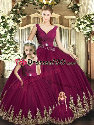 Graceful Burgundy Ball Gowns Beading and Appliques Sweet 16 Dresses Backless Tulle Sleeveless Floor Length