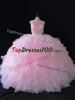 Delicate Baby Pink Sleeveless Beading Floor Length Quince Ball Gowns