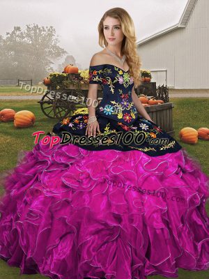 Ideal Sleeveless Organza Floor Length Lace Up Quince Ball Gowns in Fuchsia with Embroidery and Ruffles