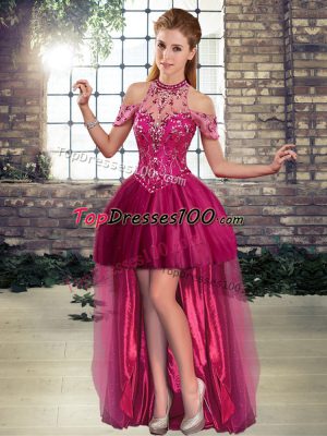 Halter Top Sleeveless Homecoming Party Dress High Low Beading Fuchsia Tulle