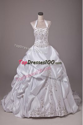 Eye-catching Taffeta Sleeveless Wedding Gowns Brush Train and Beading and Embroidery and Pick Ups