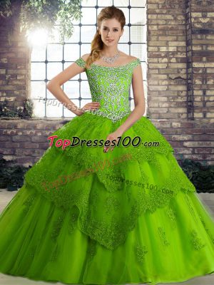 Chic Green Lace Up Off The Shoulder Beading and Lace Sweet 16 Quinceanera Dress Tulle Sleeveless Brush Train