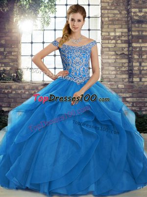 Sophisticated Blue Sleeveless Brush Train Beading and Ruffles Quince Ball Gowns