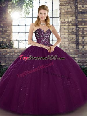 Luxurious Dark Purple Lace Up Sweetheart Beading Quinceanera Gowns Tulle Sleeveless