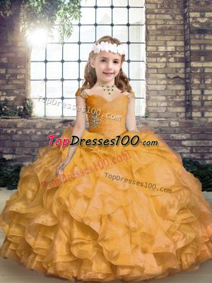 Unique Organza Straps Sleeveless Lace Up Beading and Ruffles Girls Pageant Dresses in Gold