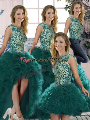 High Quality Peacock Green Quinceanera Gowns Military Ball and Sweet 16 and Quinceanera with Beading and Ruffles Scoop Sleeveless Lace Up