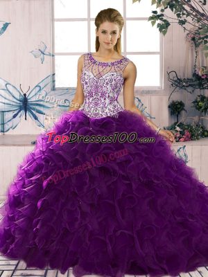 Purple Organza Lace Up Quinceanera Gowns Sleeveless Floor Length Beading and Ruffles