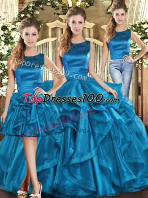 Noble Three Pieces Quinceanera Dresses Teal Scoop Organza Sleeveless Floor Length Lace Up
