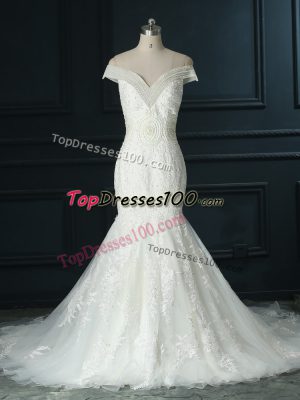 White Off The Shoulder Zipper Beading and Lace Wedding Gowns Court Train Sleeveless