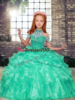 High-neck Sleeveless Organza Little Girls Pageant Gowns Beading and Ruffles Lace Up