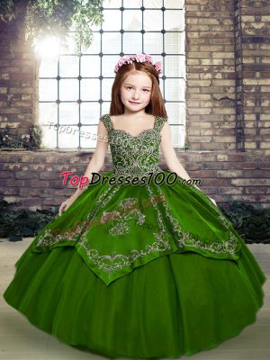 Sleeveless Floor Length Beading and Embroidery Lace Up Pageant Gowns For Girls with Green
