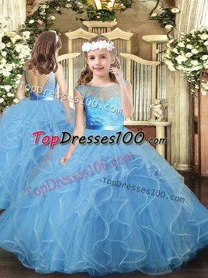 Baby Blue Backless Little Girls Pageant Gowns Ruffles Sleeveless Floor Length