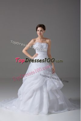 Beauteous White Organza Lace Up Strapless Sleeveless Wedding Gown Brush Train Pick Ups and Hand Made Flower