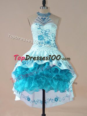 Custom Fit Aqua Blue Sleeveless Satin and Organza Lace Up for Prom and Party