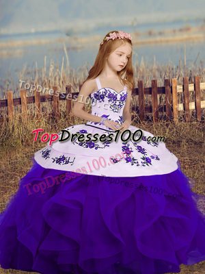 Great Sleeveless Floor Length Embroidery and Ruffles Lace Up Pageant Gowns For Girls with Purple