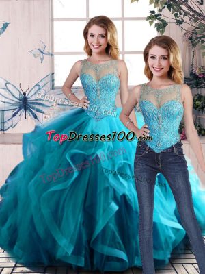 Custom Designed Aqua Blue Sleeveless Floor Length Beading and Ruffles Lace Up 15th Birthday Dress