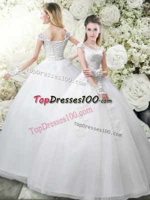 Attractive White Ball Gowns Tulle Scoop Cap Sleeves Appliques Floor Length Lace Up Wedding Dress