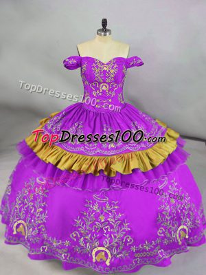 Sleeveless Satin Floor Length Lace Up Sweet 16 Dresses in Purple with Embroidery