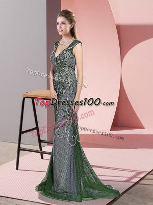 Sumptuous Green V-neck Neckline Beading Prom Gown Sleeveless Zipper