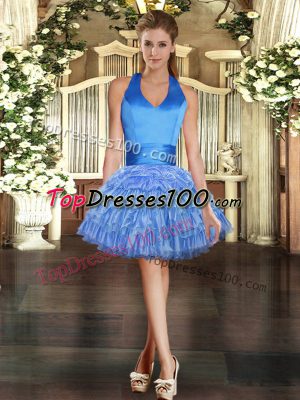 Blue Prom Dress Prom and Party with Beading and Ruffled Layers Halter Top Sleeveless Lace Up