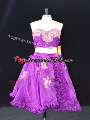 Admirable Eggplant Purple Two Pieces Organza Sweetheart Sleeveless Appliques and Ruffles Mini Length Zipper Prom Evening Gown