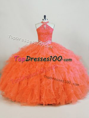 Dramatic Halter Top Sleeveless Vestidos de Quinceanera Floor Length Beading and Ruffles Orange Tulle