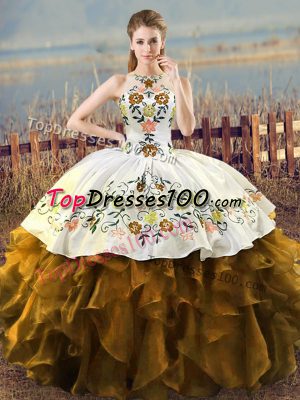 Fantastic Embroidery and Ruffles 15th Birthday Dress Brown Lace Up Sleeveless Floor Length