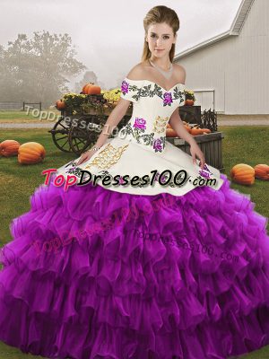 Popular White And Purple Sleeveless Embroidery and Ruffled Layers Floor Length 15 Quinceanera Dress