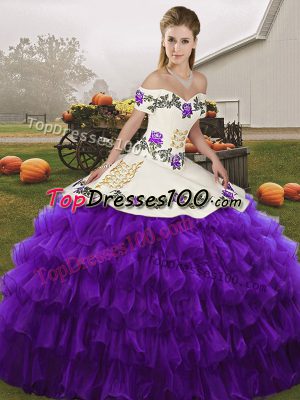 Off The Shoulder Sleeveless Quinceanera Dress Floor Length Embroidery and Ruffled Layers White And Purple Organza