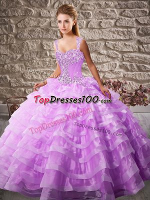 Custom Designed Lilac Sleeveless Organza Lace Up Ball Gown Prom Dress for Sweet 16 and Quinceanera