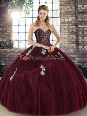 Burgundy Sleeveless Floor Length Beading and Appliques Lace Up Sweet 16 Quinceanera Dress