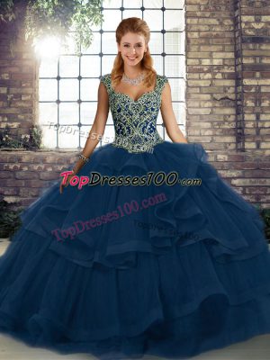 Amazing Blue Tulle Lace Up Straps Sleeveless Floor Length 15th Birthday Dress Beading and Ruffles