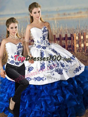 Pretty Blue And White Sweetheart Neckline Embroidery and Ruffles Sweet 16 Quinceanera Dress Sleeveless Lace Up