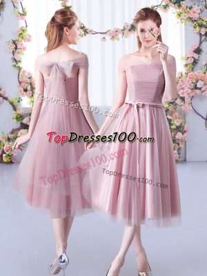 Flirting Pink Tulle Lace Up Off The Shoulder Sleeveless Tea Length Wedding Party Dress Belt