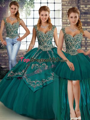 Designer Teal Lace Up Straps Beading and Embroidery Sweet 16 Dress Tulle Sleeveless