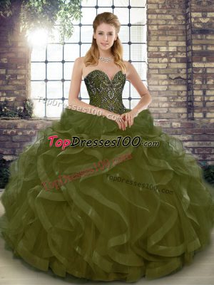 Suitable Floor Length Olive Green Sweet 16 Dress Tulle Sleeveless Beading and Ruffles