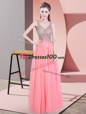 Fine Watermelon Red Sleeveless Beading Floor Length Prom Gown
