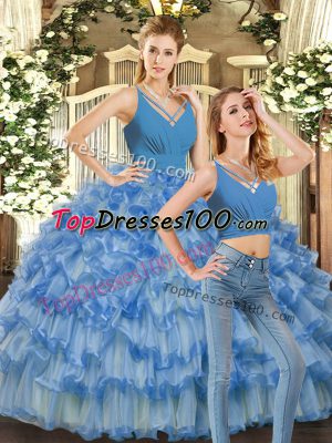 Floor Length Blue Sweet 16 Dress Organza Sleeveless Ruffles