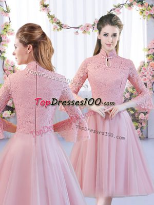 Trendy 3 4 Length Sleeve Tea Length Lace Zipper Wedding Guest Dresses with Pink