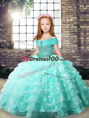 Fancy Organza Straps Sleeveless Brush Train Lace Up Ruffled Layers Pageant Gowns in Apple Green