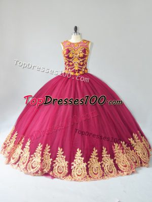 Attractive Burgundy Ball Gowns Scoop Sleeveless Tulle Floor Length Lace Up Appliques Quinceanera Dress