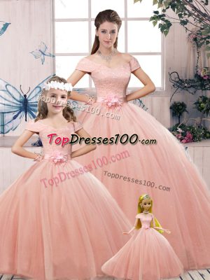 Floor Length Pink Sweet 16 Dresses Off The Shoulder Short Sleeves Lace Up
